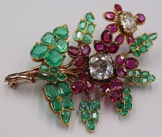 JEWELRY. 14kt Gold Diamond Ruby and Emerald Brooch