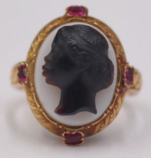 JEWELRY. 18kt Gold Cameo and Colored Gem Ring.