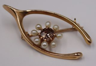 JEWELRY. 14kt Gold, Brown Diamond and Pearl Pin.