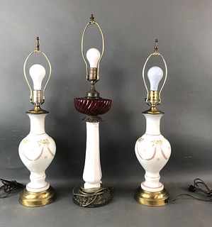Pair of Porcelain Lamps with Cranberry Glass Lamp