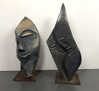 2 Stone Carved African Face Sculptures