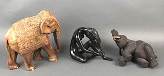 2 Wooden Carved Elephants and a Carved Woman