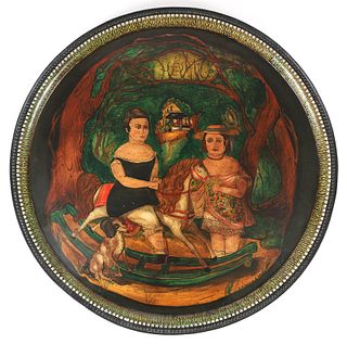 Tole painted Round Tray with Two Children