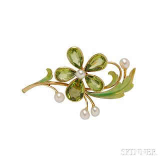 Art Nouveau 18kt Gold, Peridot, and Freshwater Pearl Flower Brooch