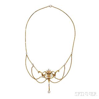 Art Nouveau 14kt Gold, Citrine, Pearl, and Diamond Lavaliere