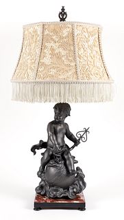 Lead Cherub Figure fitted as a Lamp on a Marble Base