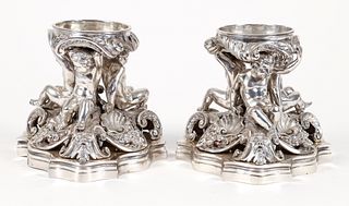 Pair Cherub supported silver plated Votive Candle Stands