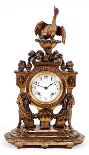 19th C. Carved Wood and Gilded Shelf Clock with Bird Finial