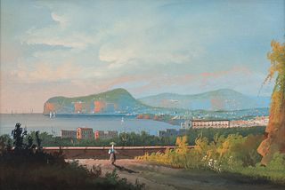 19th Century Gouache View of Italian City by The Bay 
