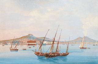 Italian Grand Tour Gouache of Fishing Boats in Naples Bay circa 1850