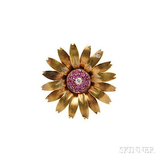 18kt Gold and Ruby Flower Brooch