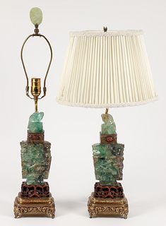 Great pair of antique Chinese carved Green Quartz Lamps