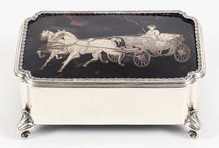 Silver inlay Box with Carriage in Two on Lid 