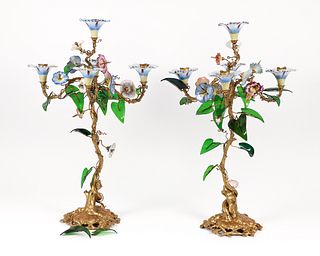 Pair 19th Century Candelabra with Gilt Bronze Stems, Glass & Porcelain Flowers

