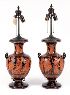Pair of 19th C. Giustiniani Red Figure Wine Jugs