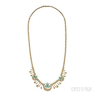 Antique Gold, Turquoise, and Pearl Fringe Necklace