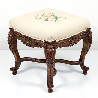 French Carved wood stool with needlepoint upholstery