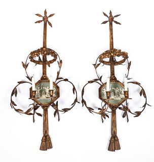Pair 19th C. Wall Sconces with Wedgewood Bisque Plaques