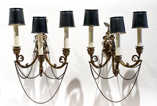 Pair of 3 Light bronze wall sconces with Stork