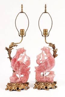 Pair of Rose Quartz carved HoHo Bird Figural Lamps