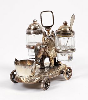 Silver plated Elephant supported on cart cruet set