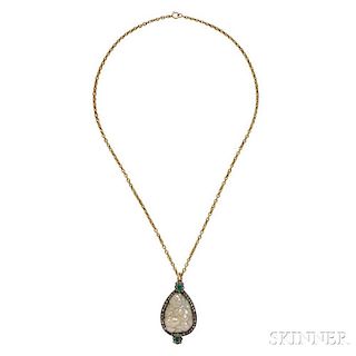 Antique Baroque Pearl, Emerald, and Diamond Pendant