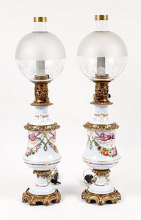 Pair of Porcelain and Brass converted kerosene table lamps
