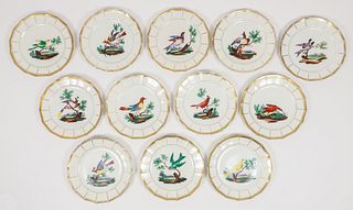 Twelve Old Paris Hand Painted Cabinet Plates of Birds, circa 1820 - 1830, each unique bird hand painted in center, many with species of bird inscribed
