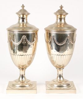 Pair of Lidded Silverplate Urns