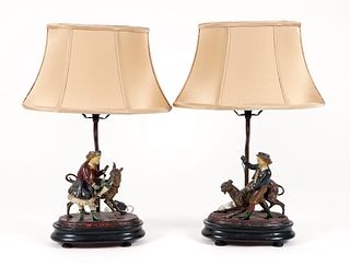 Pair painted tin figures mounted as Lamps mounted Children and their Dogs