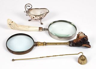Collection of Connoisseur Objects, Magnifiers, candle snuffer, creamer