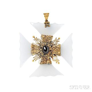Gold, Chalcedony, and Garnet Carbuncle Maltese Cross Pendant