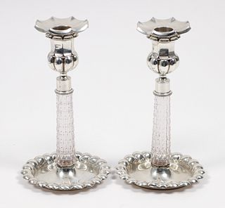 Pair of silverplate candlesticks with cut Crystal fluted columns