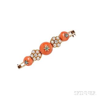 Gold, Coral, Pearl, and Diamond Bracelet