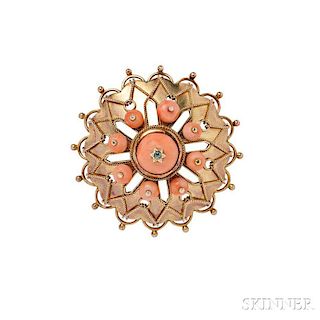 Gold, Coral, and Diamond Brooch