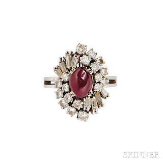 18kt White Gold, Cabochon Ruby, and Diamond Ring