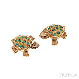 Pair of 18kt Gold and Turquoise Clip Brooches