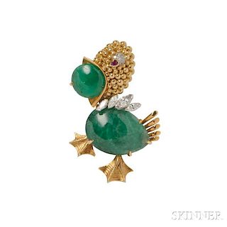 Whimsical 18kt Gold, Emerald, and Diamond Duck Pendant/Brooch