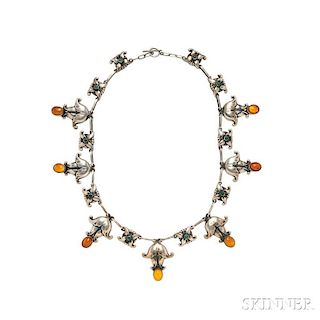 .830 Silver, Amber, and Green Onyx Necklace, Georg Jensen