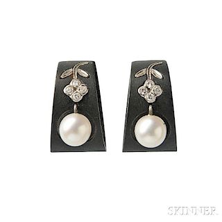 Patinated Steel, Cultured Pearl, and Diamond Earclips, G. T. Marsh & Co.