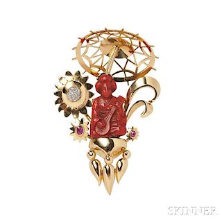 18kt Gold and Cinnabar Chinoiserie Brooch