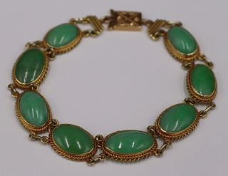 JEWELRY. 14kt Gold and Jade Cabochon Bracelet.