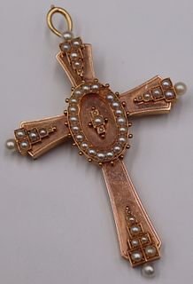 JEWELRY. 14kt Gold and Pearl Cross Pendant.