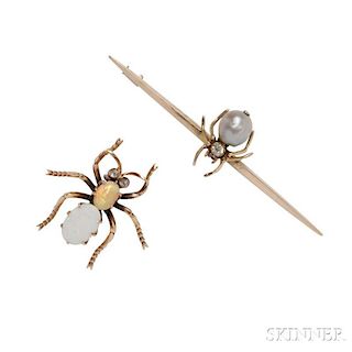 Two Gold Gem-set Spider Pins