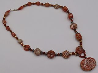 JEWELRY. Islamic Engraved Agate Aqeeq Necklace.