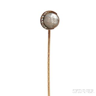 Antique Gold and Carved Moonstone Stickpin