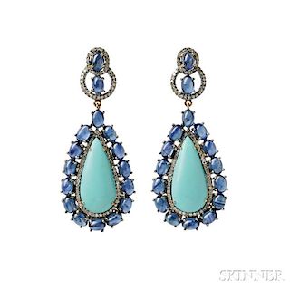 Gold, Turquoise, and Sapphire Earrings