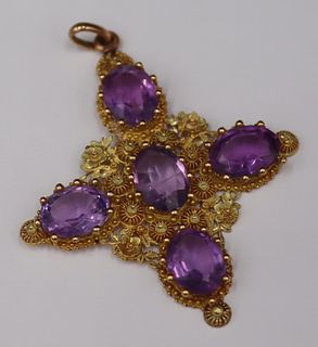 JEWELRY. 14kt Gold and Amethyst Filigree Cross