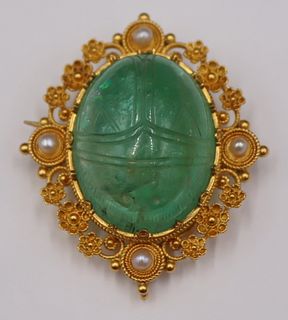 JEWELRY. 18kt Carved Emerald and Seed Pearl Brooch