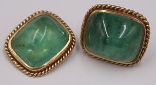 JEWELRY. Pair of 14kt Gold Mounted Green Gem
